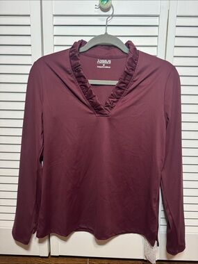 Women's Cegolfs Ruffle V-Neck Long Sleeve Top - Burgundy size M